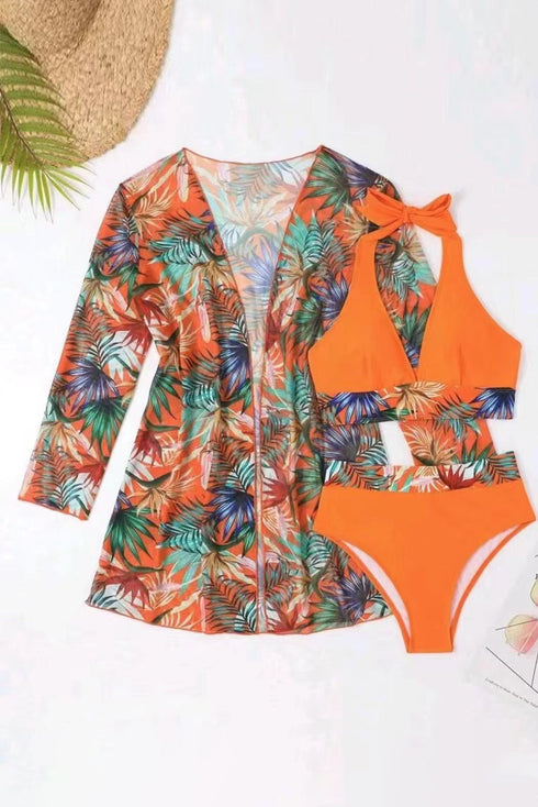 3pcs Tropical Contrast Trim Halter Bikini Set with Cover up